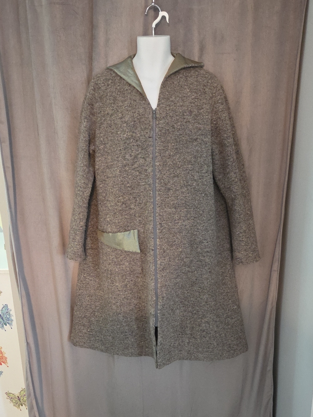 Women's Neutral Taupe Wool-Blend Zip Front Trench Coat Fit Ptp 25"